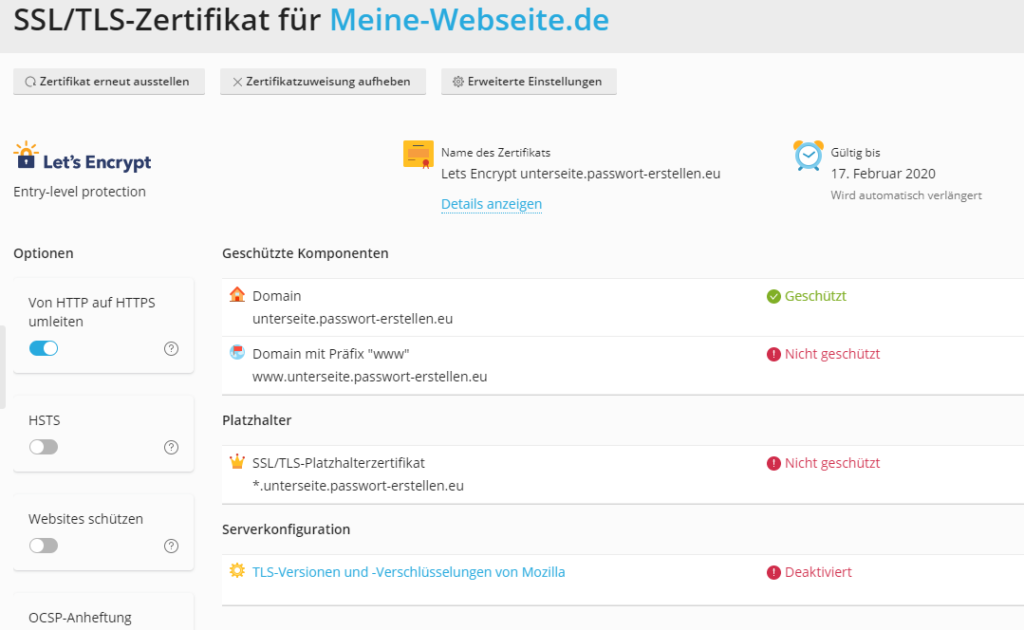 Lets Encrypt administration in Plesk