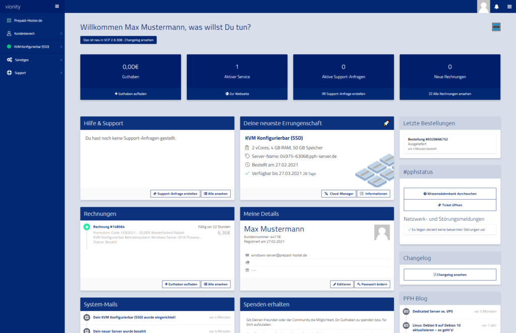 Das Dashboard unseres Webinterfaces „VionityCP“