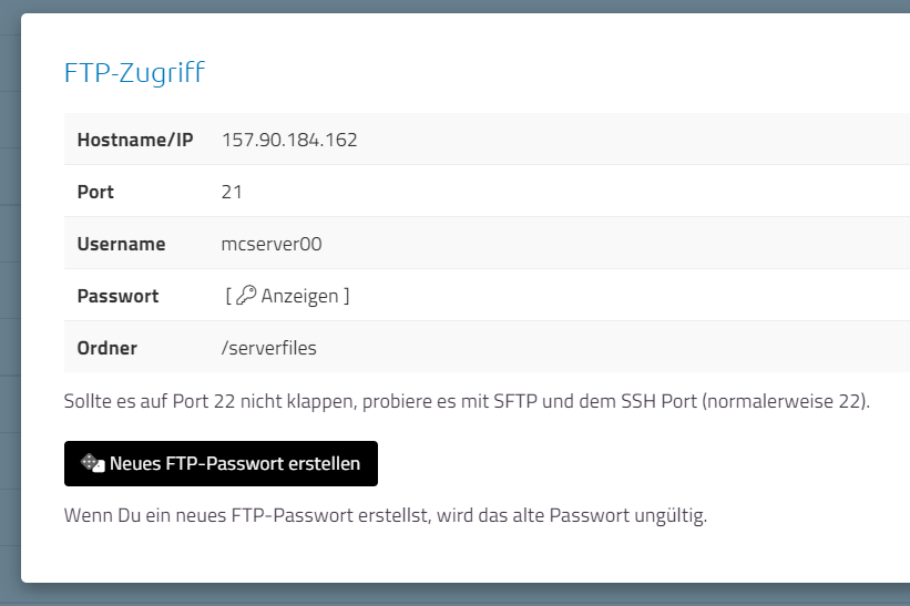 FTP Daten für einen Minecraft Gameserver
