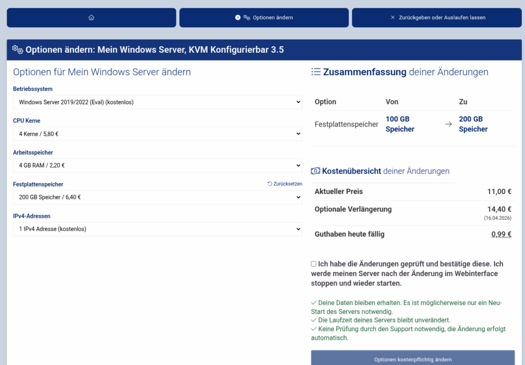 KVM Root Server Optionen ändern-Formular mit Festplatten-Speicher Änderung