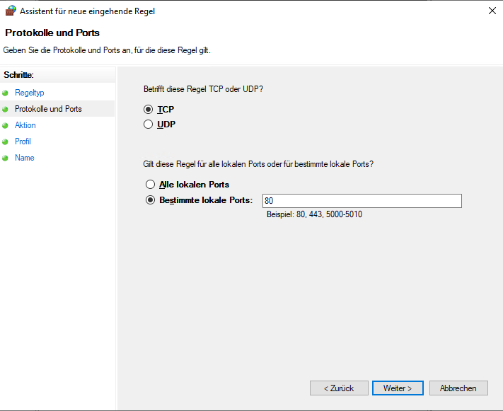 Entering ports in the new inbound rule assistant