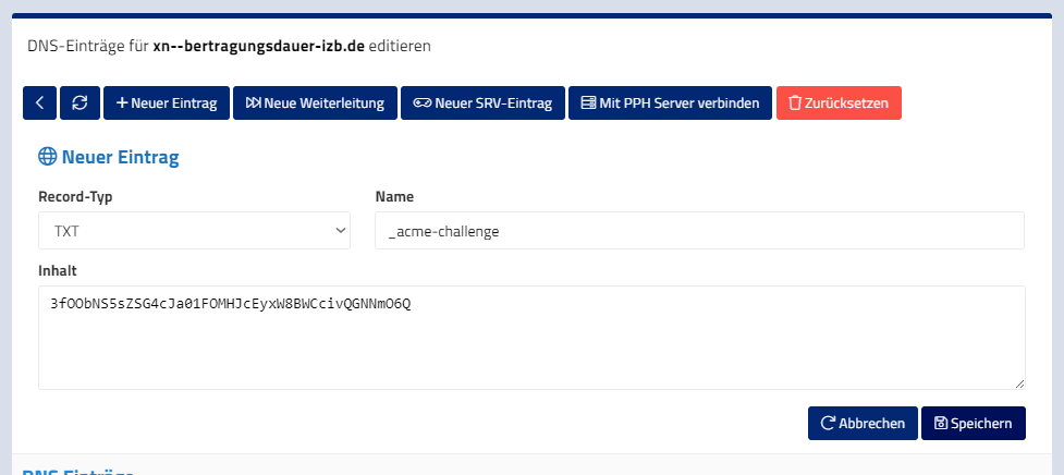 ACME Challenge in DNS eintragen