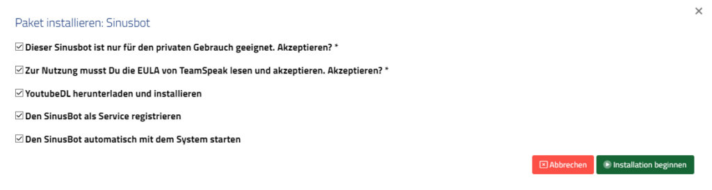 Sinusbot Installer Optionen