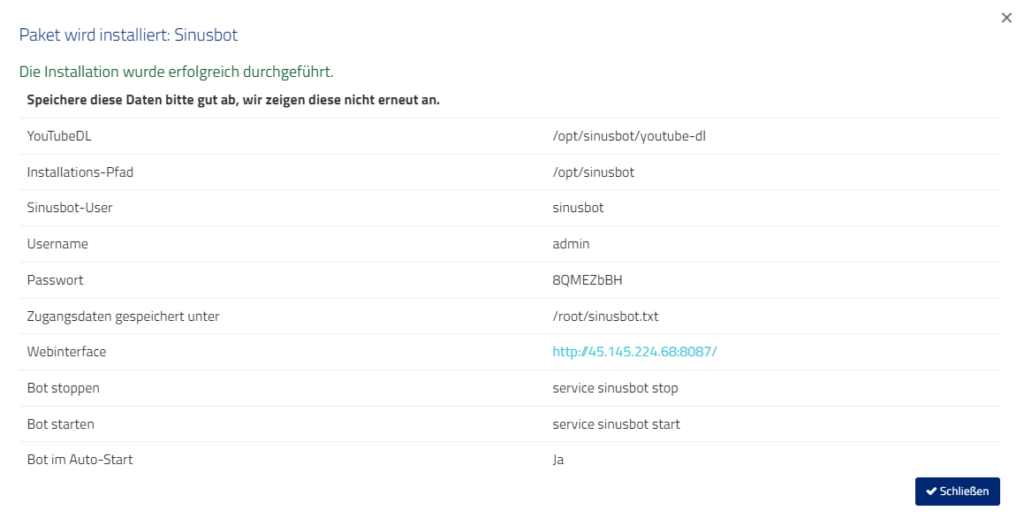 Nach der Sinusbot Installation