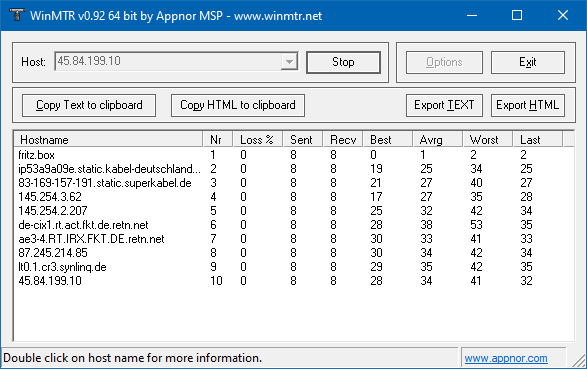 WinMTR führt seine Arbeit durch