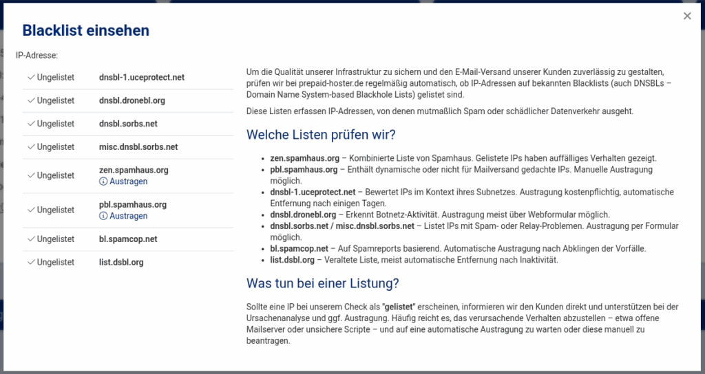 Blacklist-Status deiner IP-Adresse in Vionity: Alles ok.