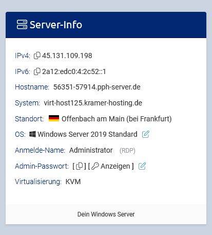 VionityCP Server Info mit Zugangsdaten