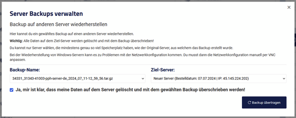 Server Backup wählen