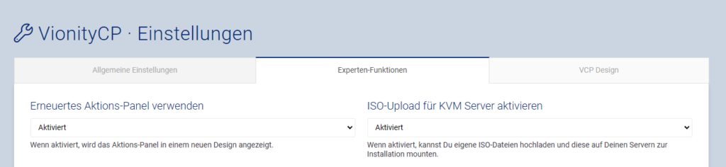 VionityCP Experten Einstellungen: ISO Upload aktiviert