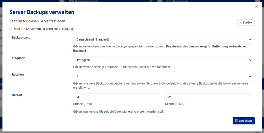 Neue automatische Backups anlegen. Täglich um 4:22h mit einer Rotation von 4. Neue automatische Backups anlegen. Täglich um 4:22h mit einer Rotation von 4.