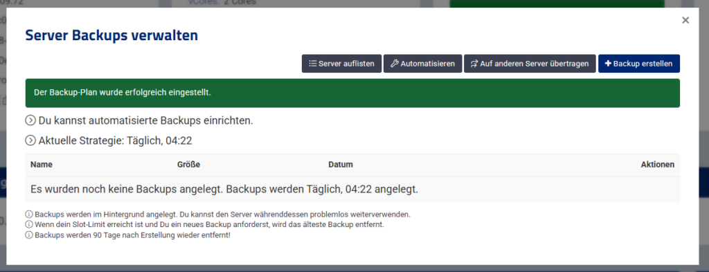 Backup-Plan wurde angelegt Backup-Plan wurde angelegt