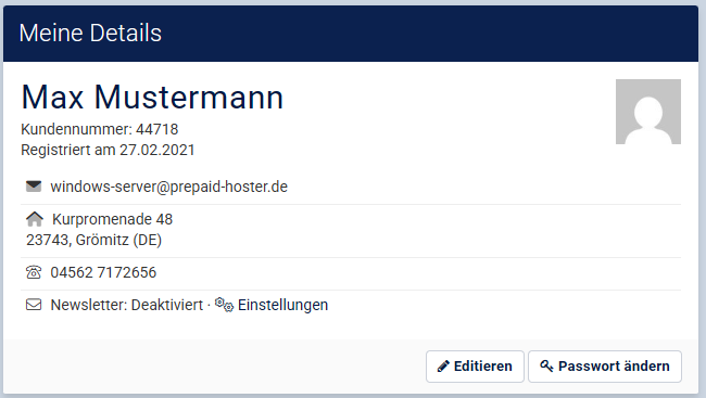 Kachel in Vionity: Meine Details mit sichtbaren Kundenkontakt-Details.