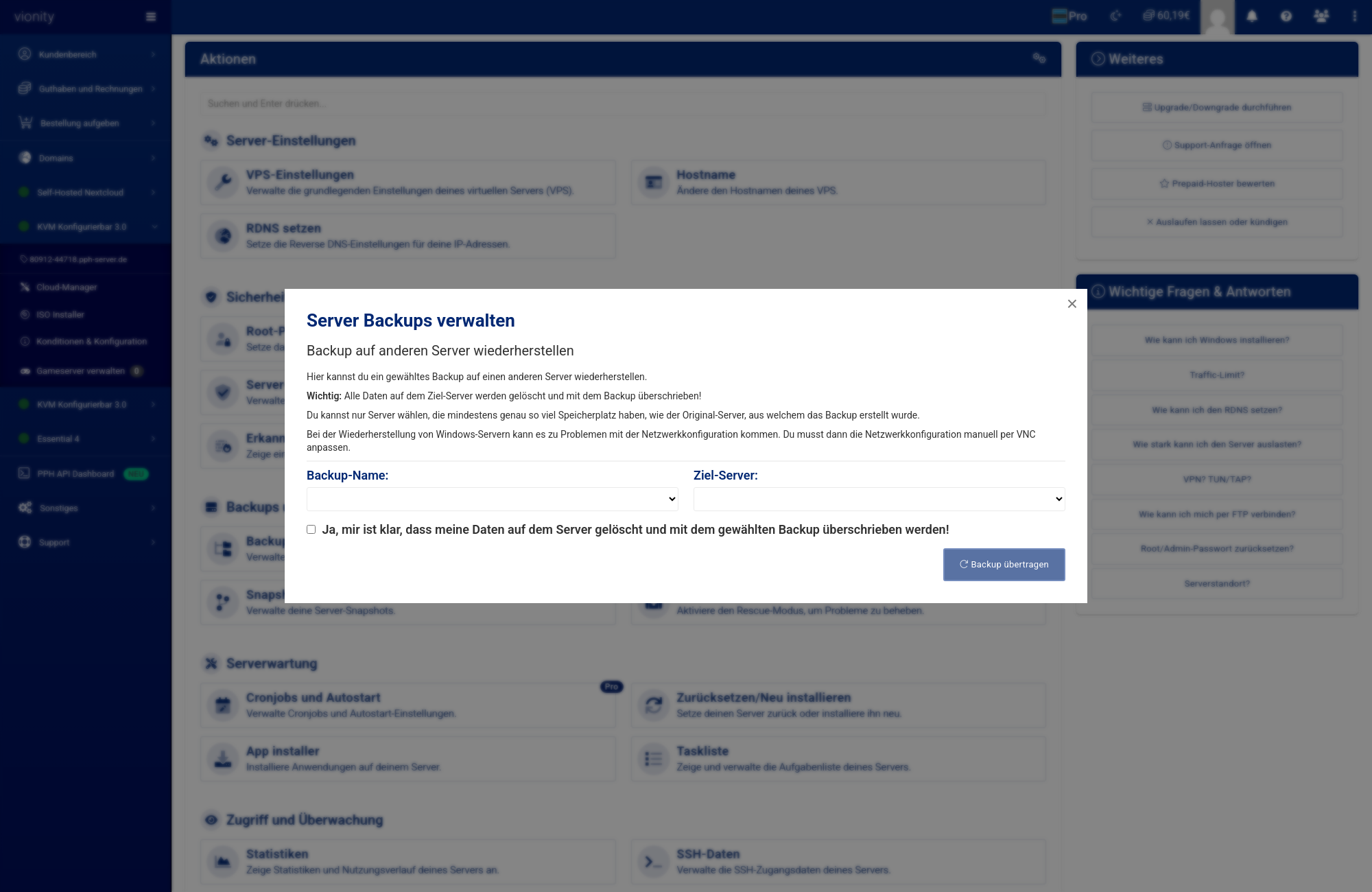 Dialog Backup auf anderen Server wiederherstellen mit Auswahl von Backup-Name und Ziel-Server