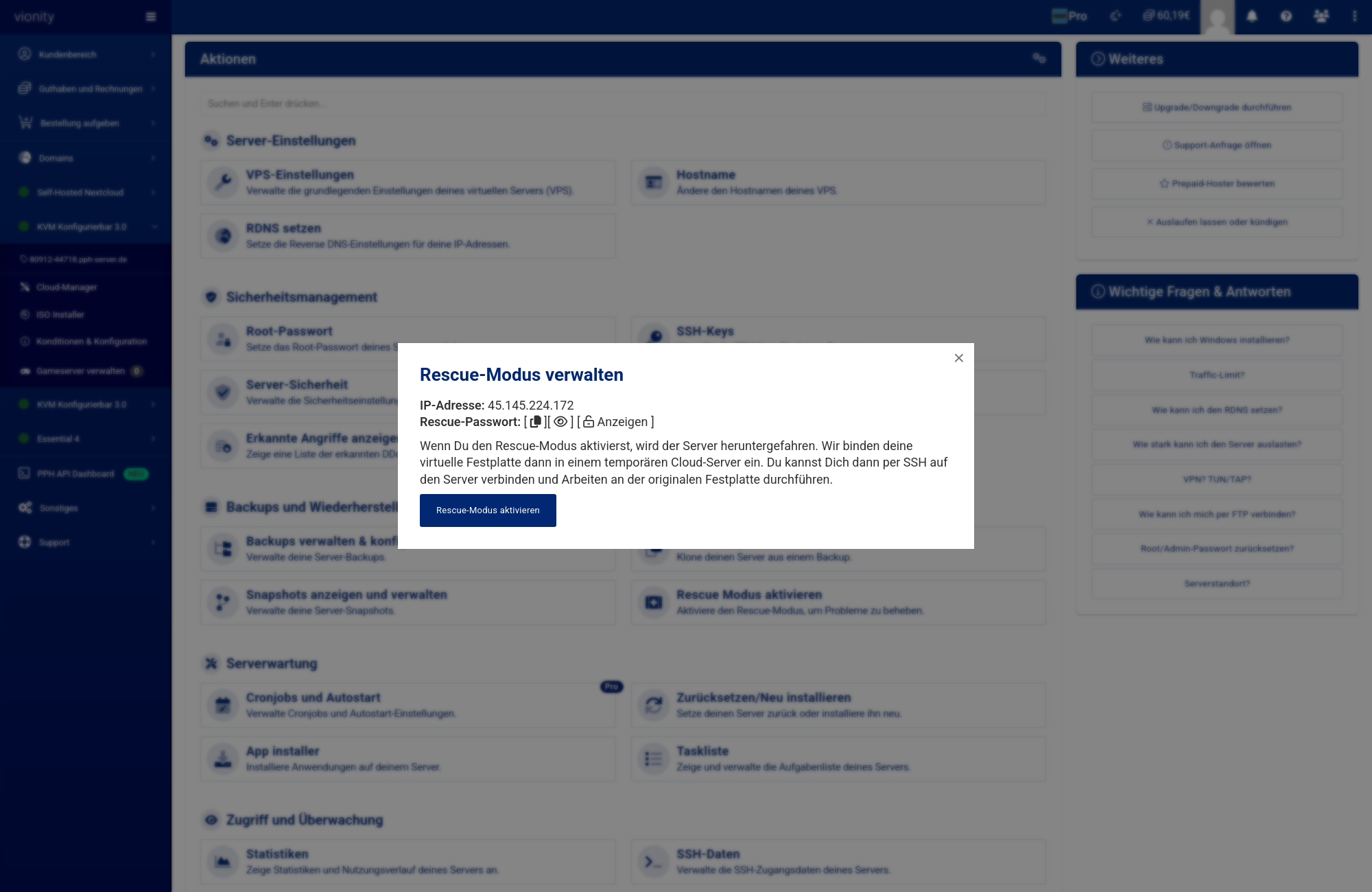 Dialog Rescue-Modus verwalten mit IP-Adresse, Rescue-Passwort und Schaltfläche Rescue-Modus aktivieren