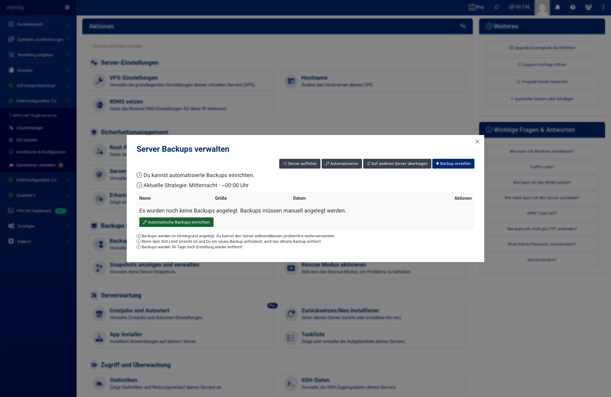 Dialog Server Backups verwalten mit den Schaltflächen Automatisieren, Auf anderen Server übertragen und Backup erstellen