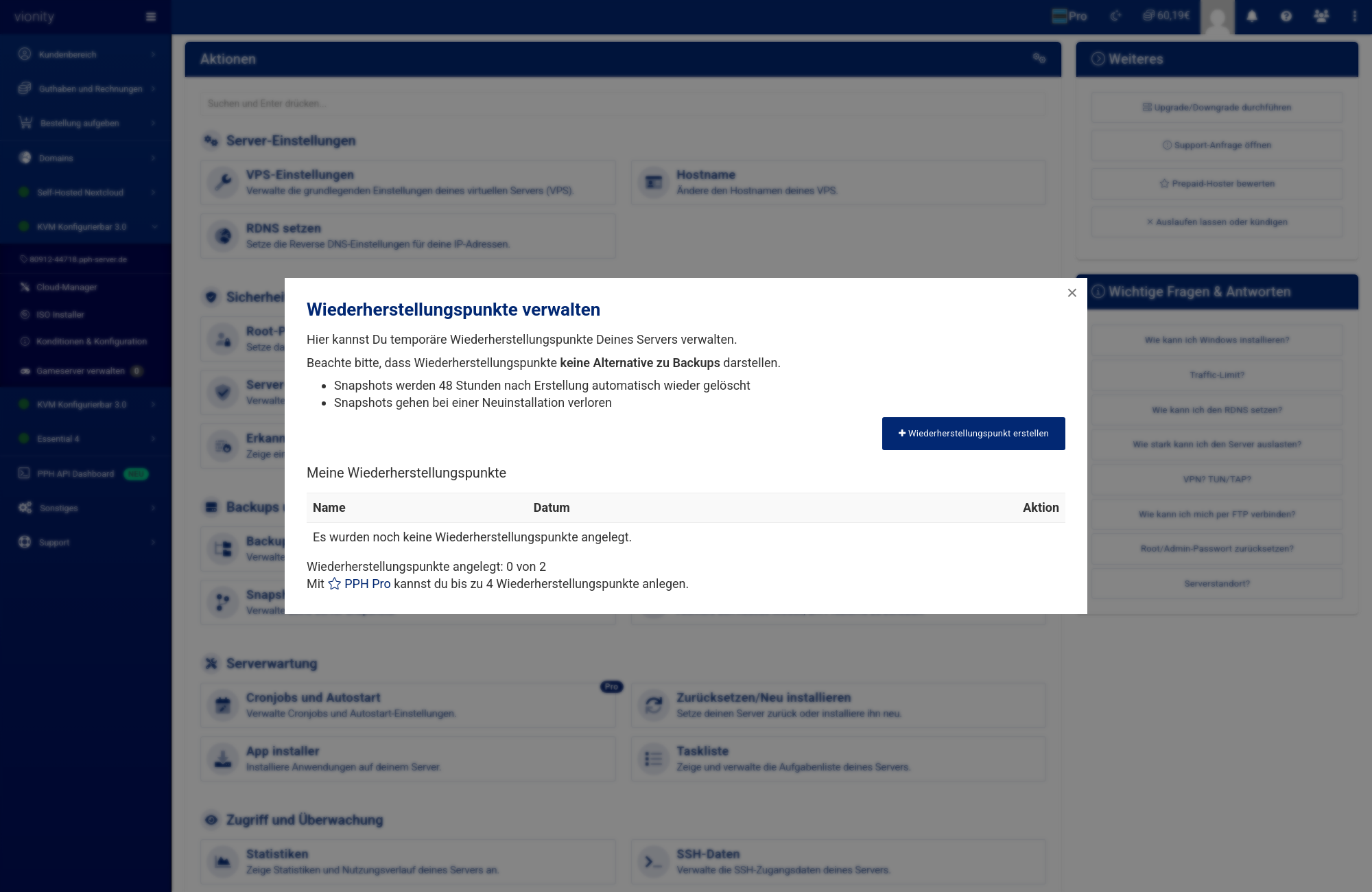 Dialog Wiederherstellungspunkte verwalten im Cloud Manager mit Schaltfläche Wiederherstellungspunkt erstellen
