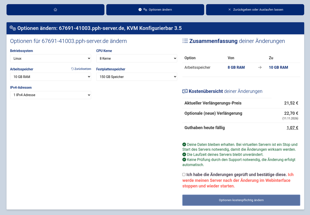 Upgrade/Downgrade von Optionen bei virtuellen Servern Upgrade/Downgrade von Optionen bei virtuellen Servern